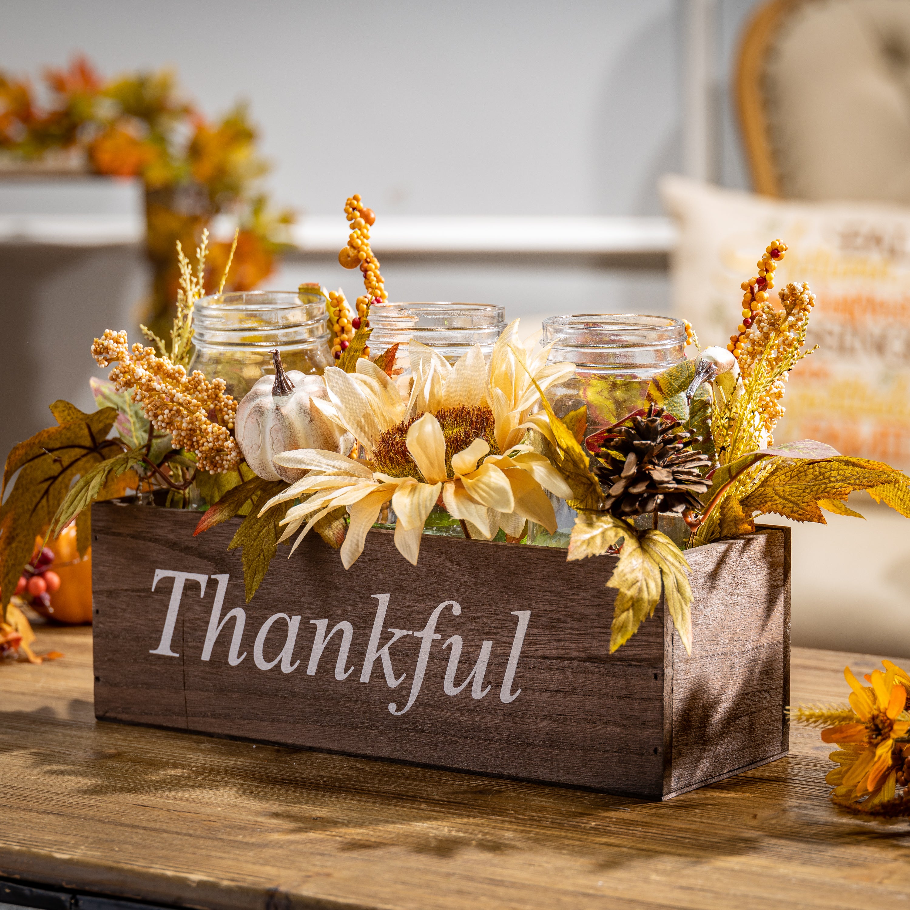 16-in long Wood Fall box filled with florals and 3 candle jars